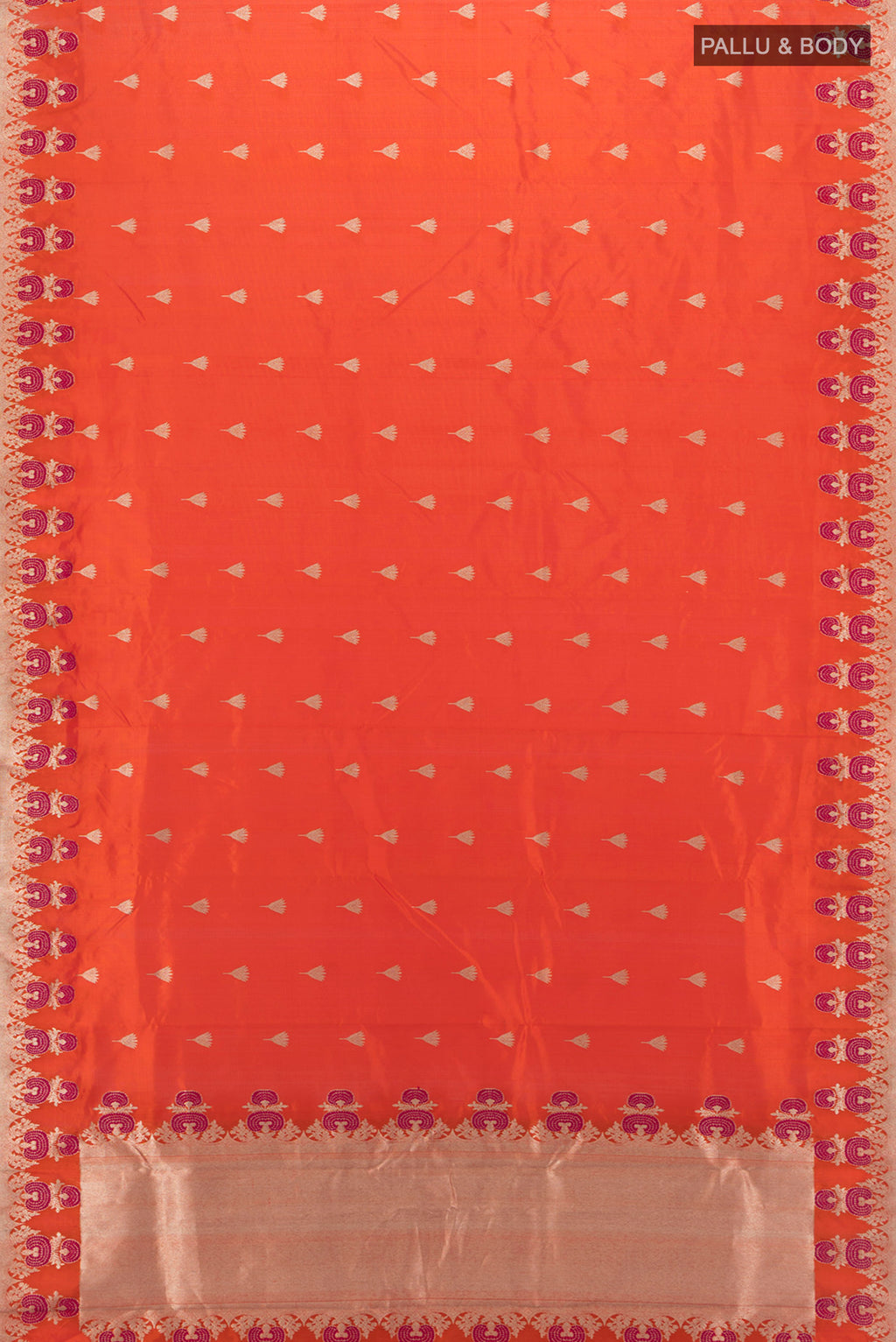 Flat view of Orange Chanderi Silk Cotton Saree with Zari Butta on the body and Zari Border. 