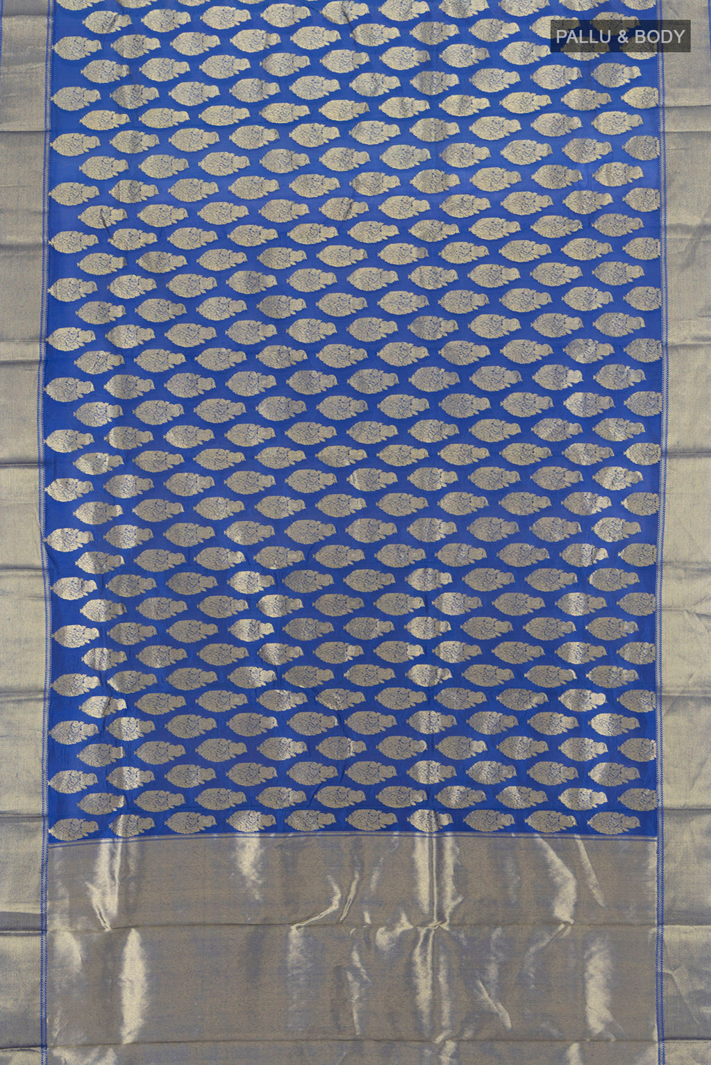 Flat view of Royal Blue Chanderi Silk Cotton Saree with Zari Butta on the body and Zari Border. 
