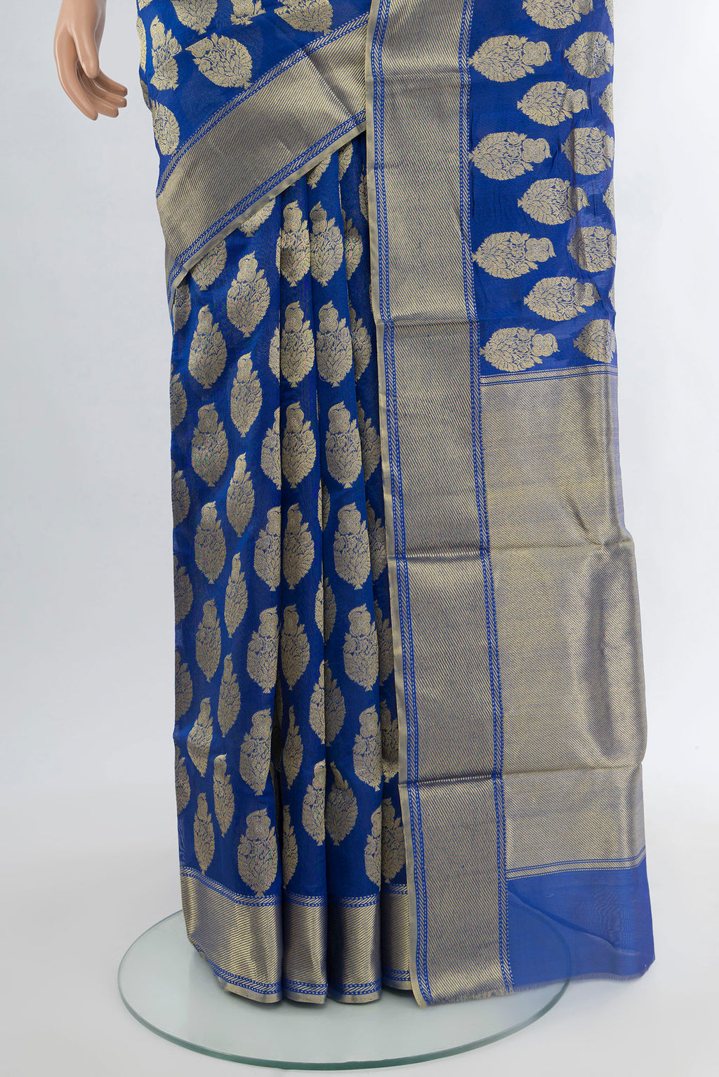 Pleats and pallu of Royal Blue Chanderi Silk Cotton Saree with Zari Butta on the body and Zari Border. 