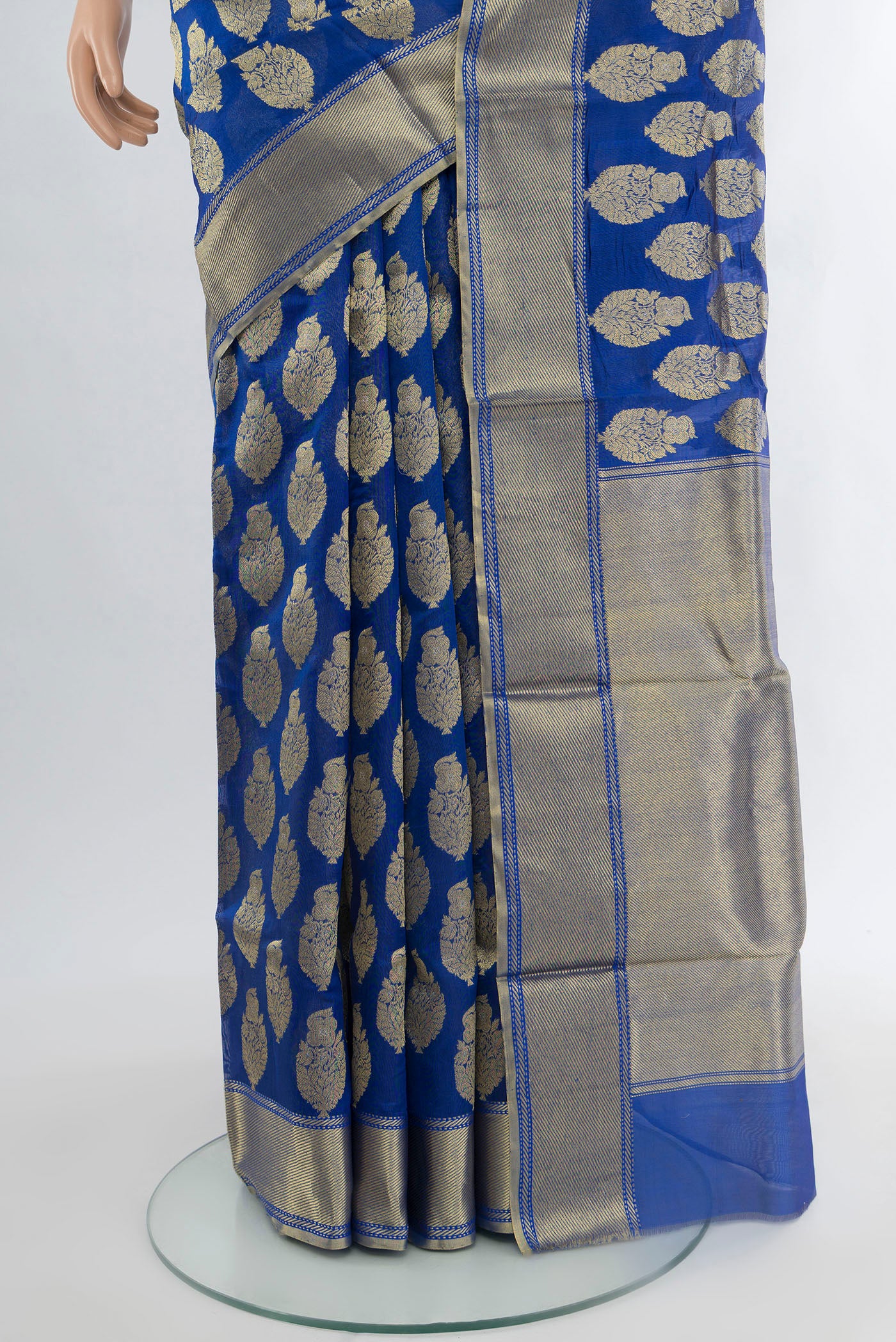 Pleats and pallu of Royal Blue Chanderi Silk Cotton Saree with Zari Butta on the body and Zari Border. 