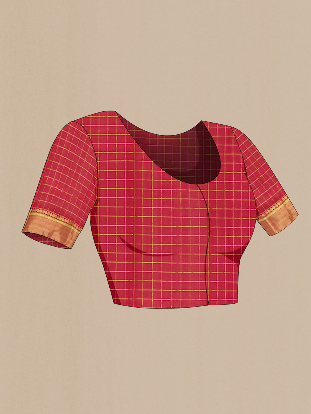 Close up image of the blouse of Red Chanderi Silk Cotton Saree with Checked design on the body and Zari Border. 