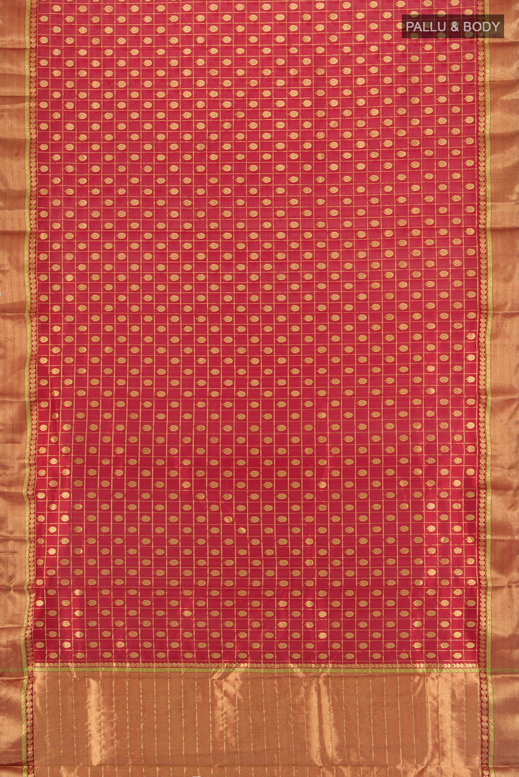 Flat view of Red Chanderi Silk Cotton Saree with Checked design on the body and Zari Border. 