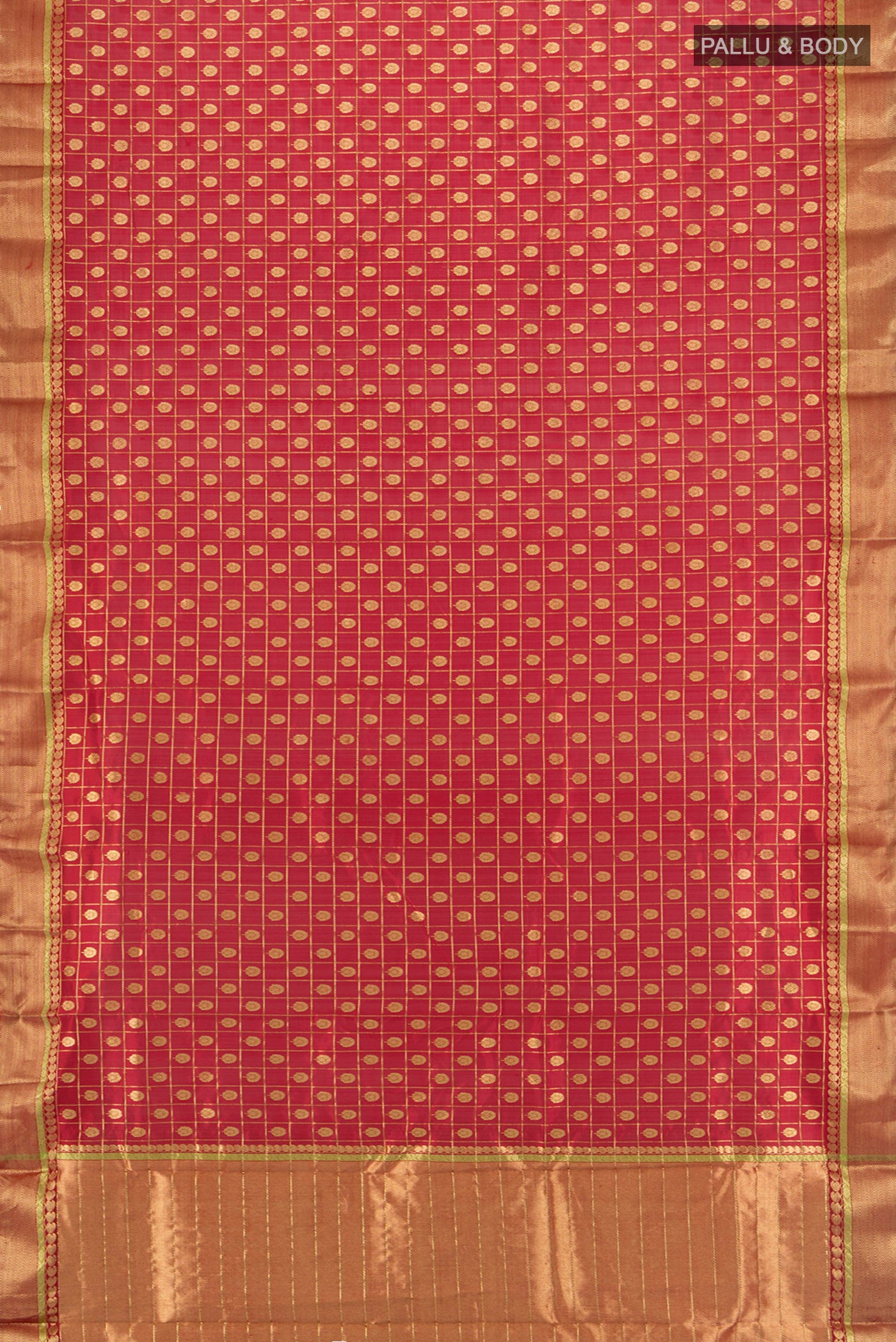 Flat view of Red Chanderi Silk Cotton Saree with Checked design on the body and Zari Border. 