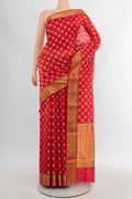 Red Chanderi Silk Saree with Checked design on the body and Zari Border.  displayed on a mannequin