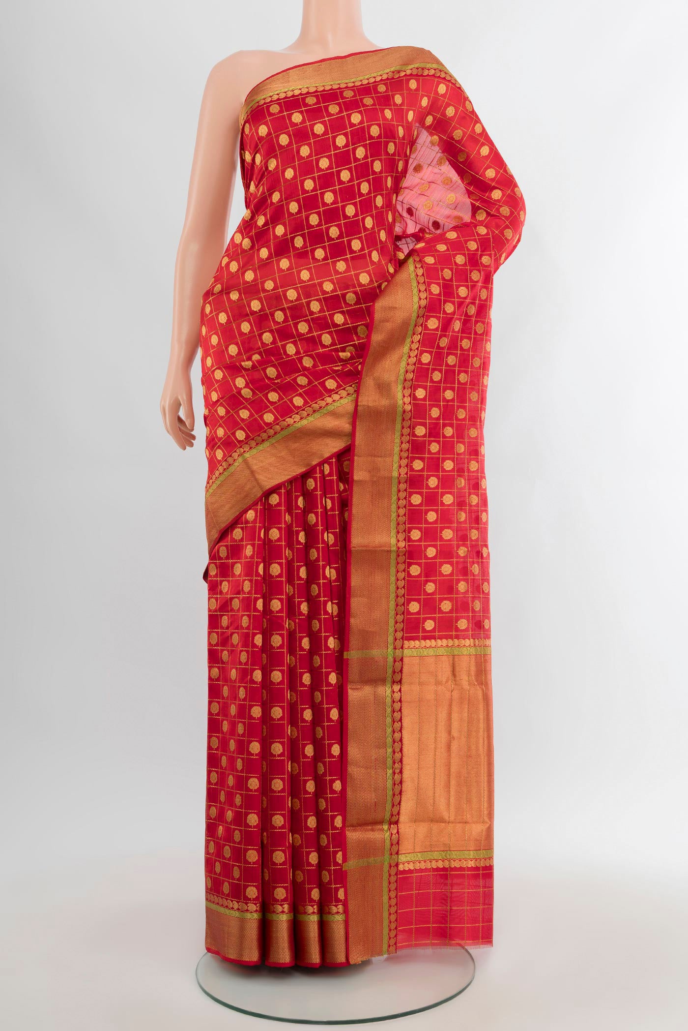 Red Chanderi Silk Saree with Checked design on the body and Zari Border.  displayed on a mannequin