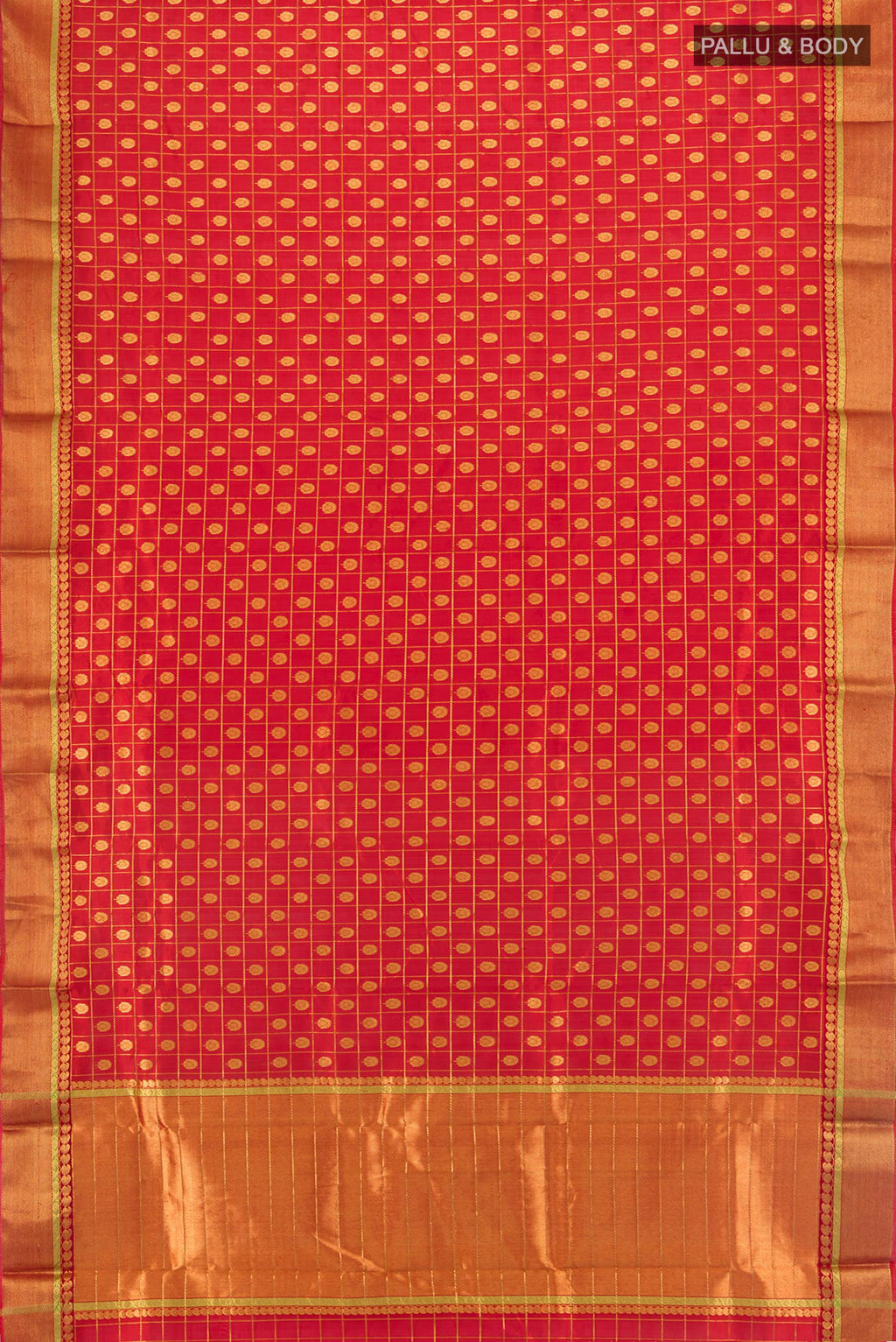 Flat view of Red Chanderi Silk Saree with Checked design on the body and Zari Border. 