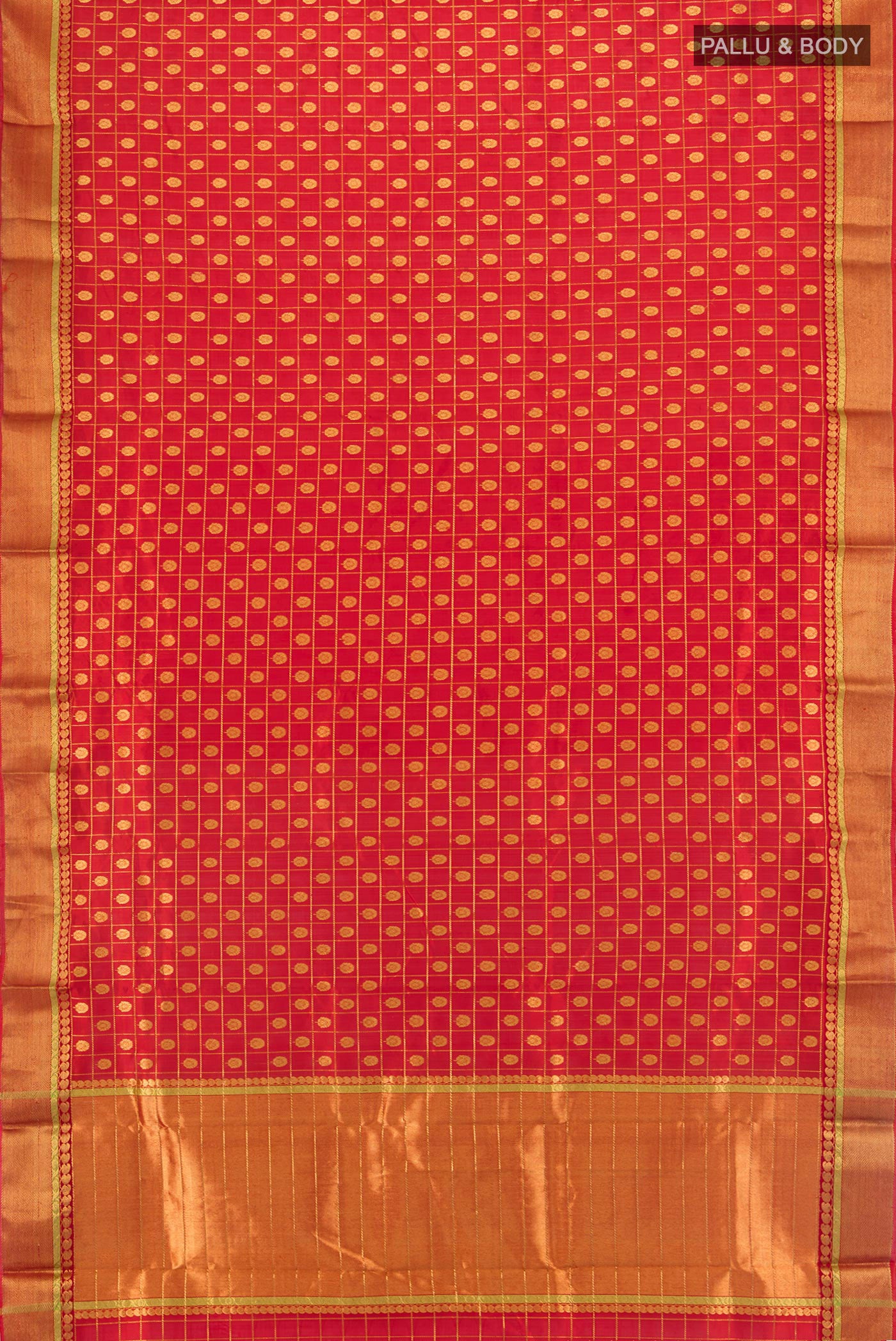 Flat view of Red Chanderi Silk Saree with Checked design on the body and Zari Border. 