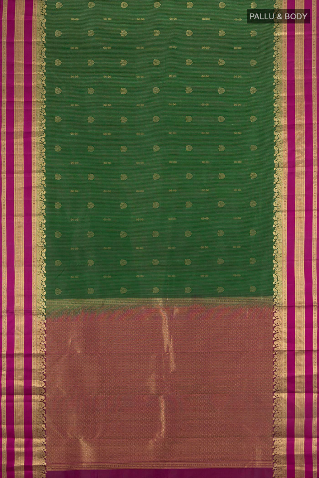 Flat view of Bottle Green Kanjivaram Silk Saree with Zari Butta on the body and Zari Border. 