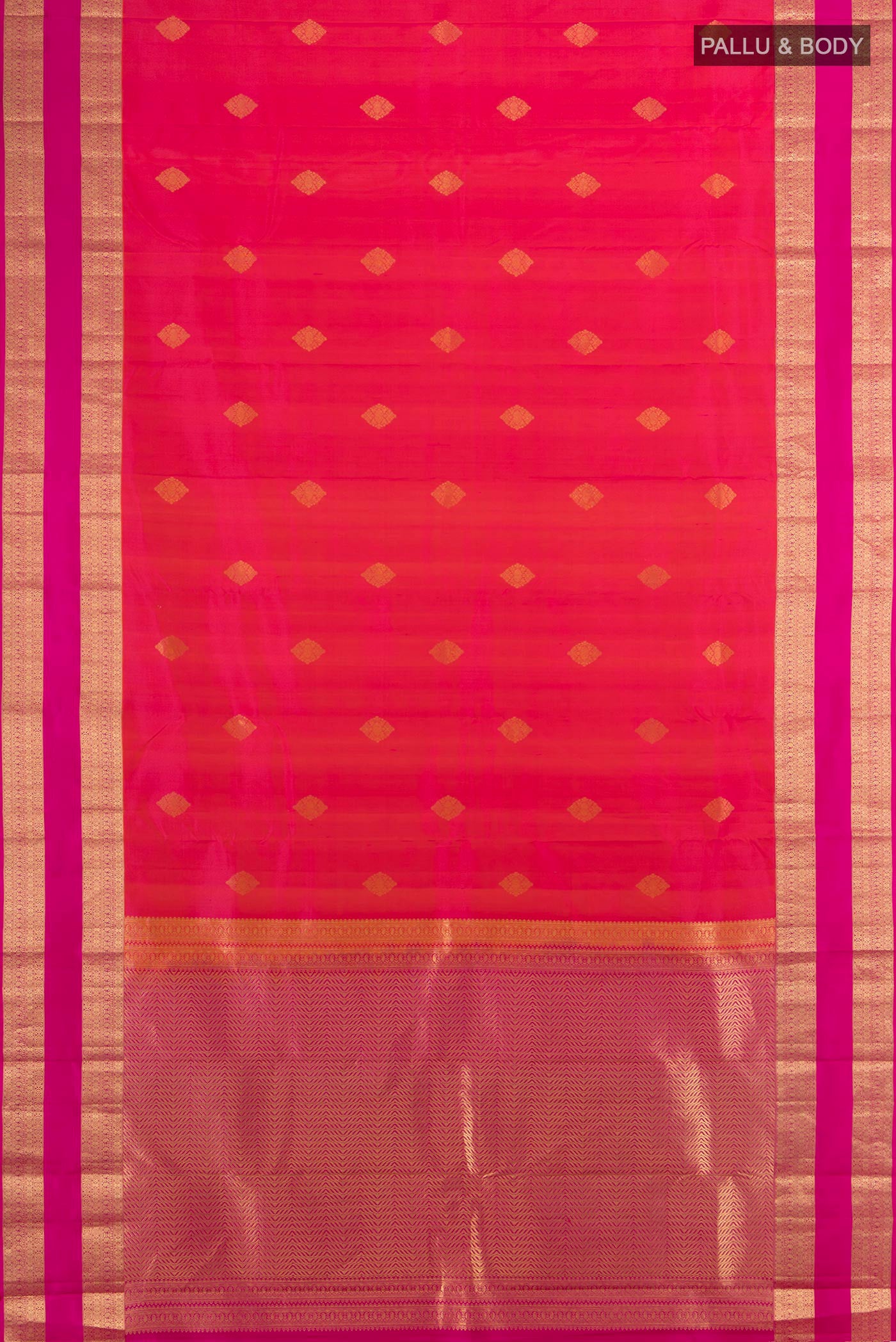 Flat view of Pure Silk Pink Kanchipuram Saree with Zari Butta on the body and Zari Border. 