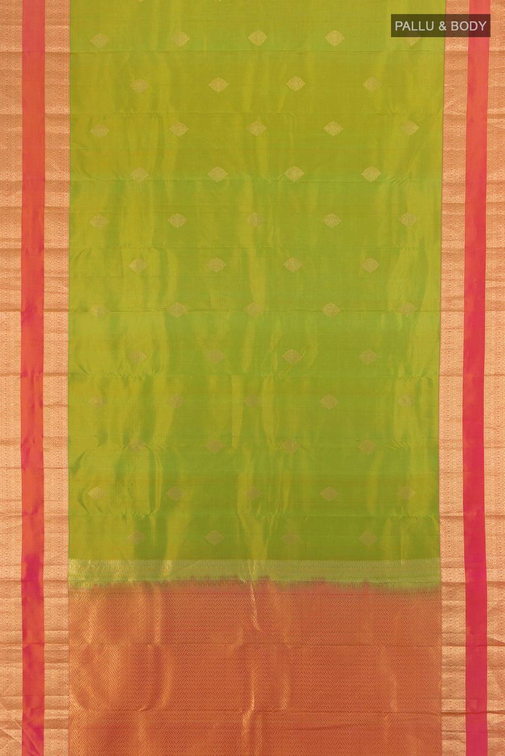 Flat view of Green Kanchipuram Silk Saree with Zari Butta on the body and Zari Border. 