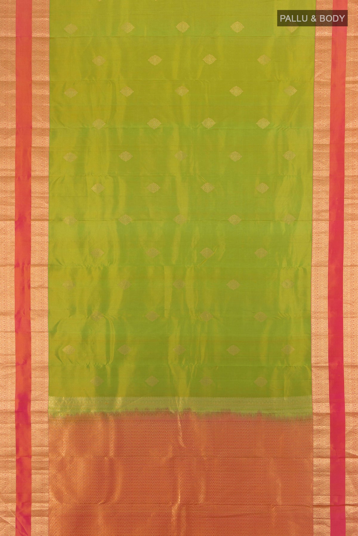 Flat view of Green Kanchipuram Silk Saree with Zari Butta on the body and Zari Border. 