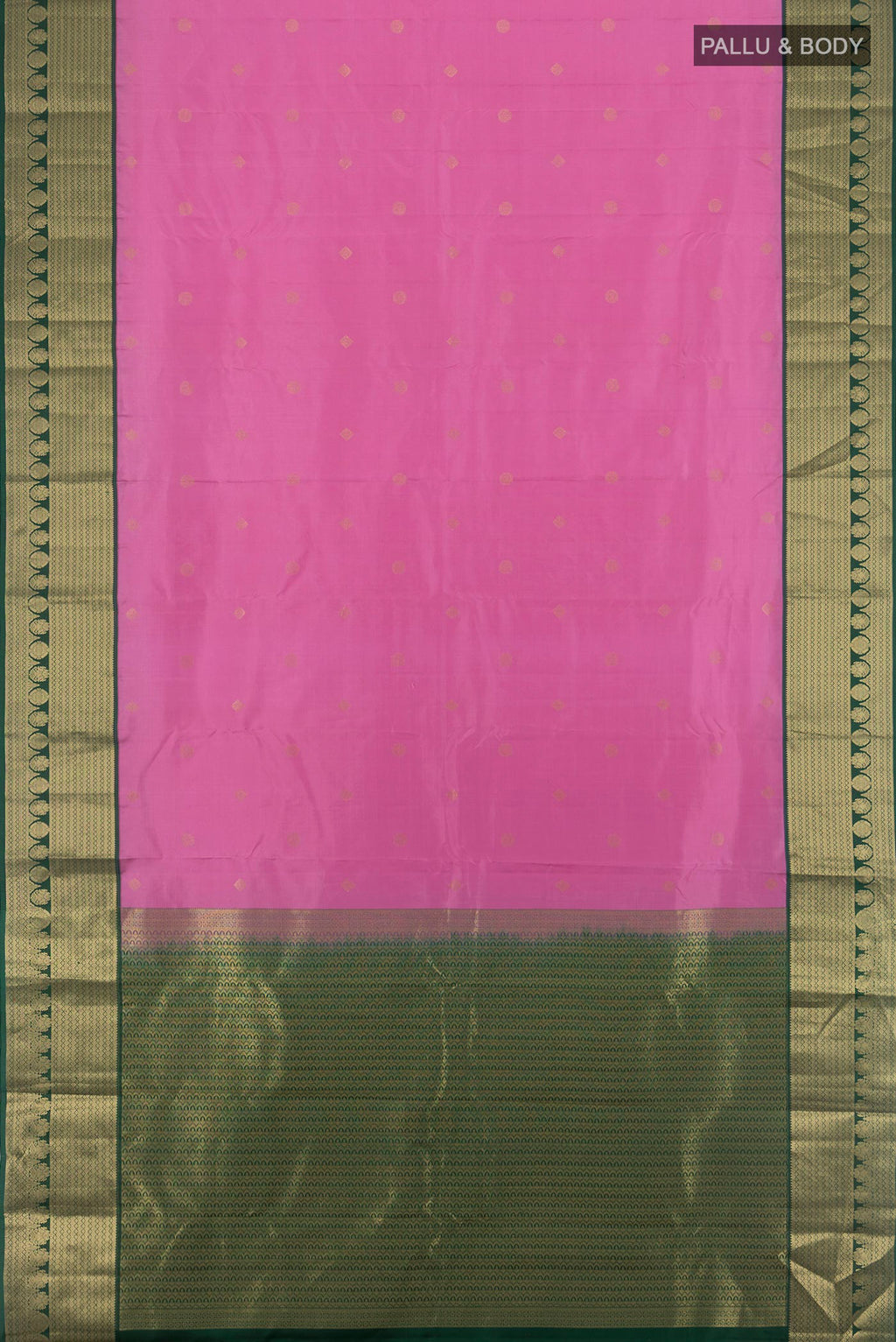 Flat view of Rose pink Kanchipuram Silk Saree with Zari Butta on the body and Zari Border. 