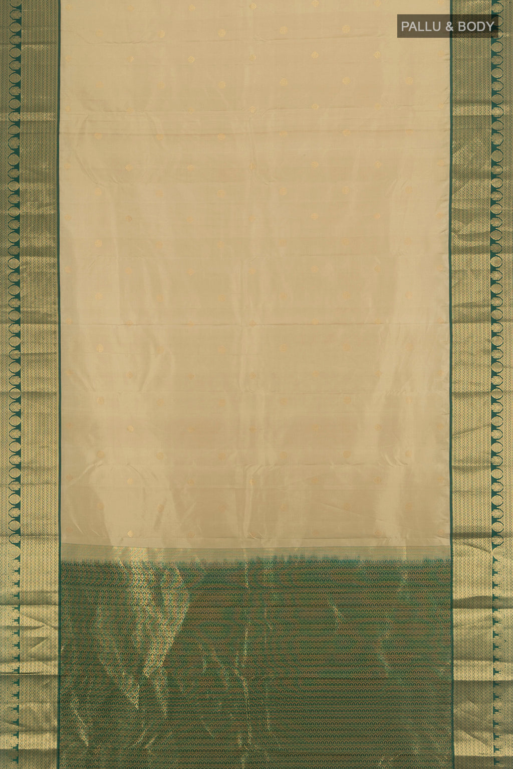 Flat view of Beige Kanchipuram Silk Saree with Zari Butta on the body and Zari Border. 