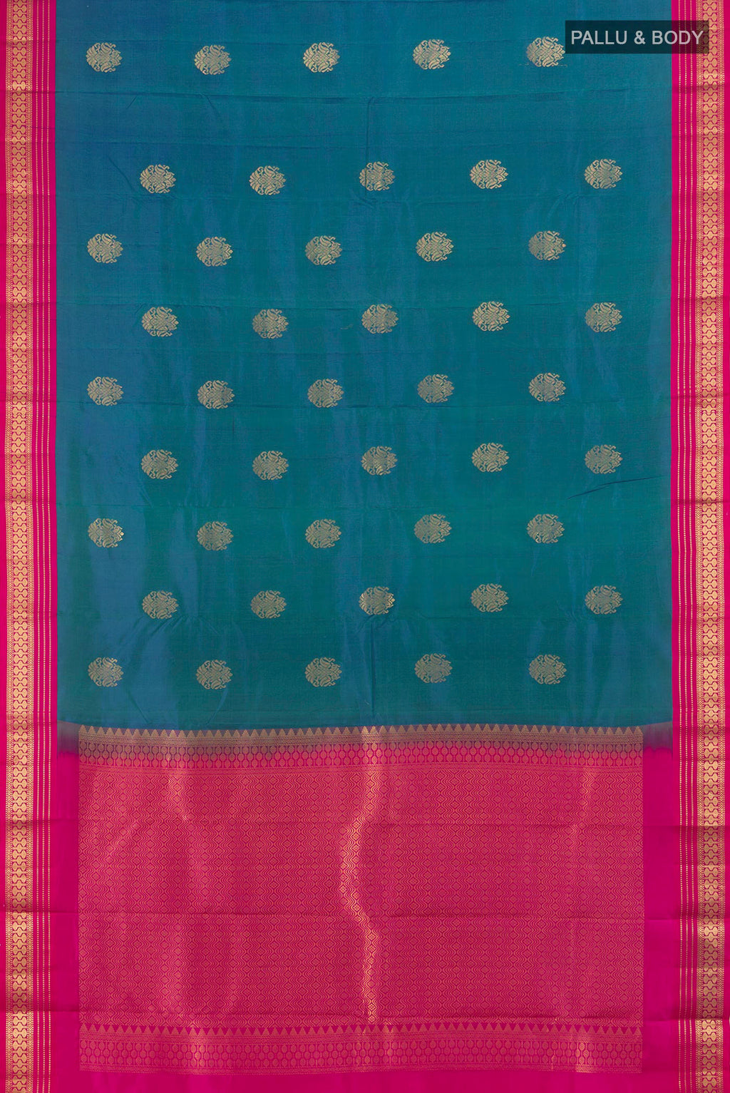 Flat view of Peacock Blue Kanchipuram Silk Saree with Zari Butta on the body and Zari Border. 