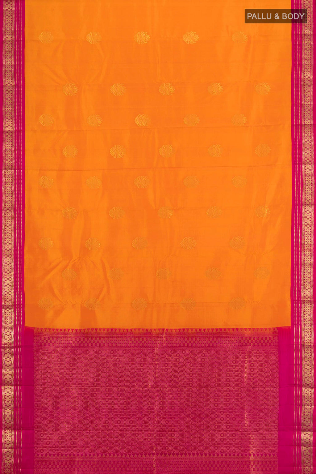 Flat view of Orange Kanchipuram Silk Saree with Zari Butta on the body and Zari Border. 