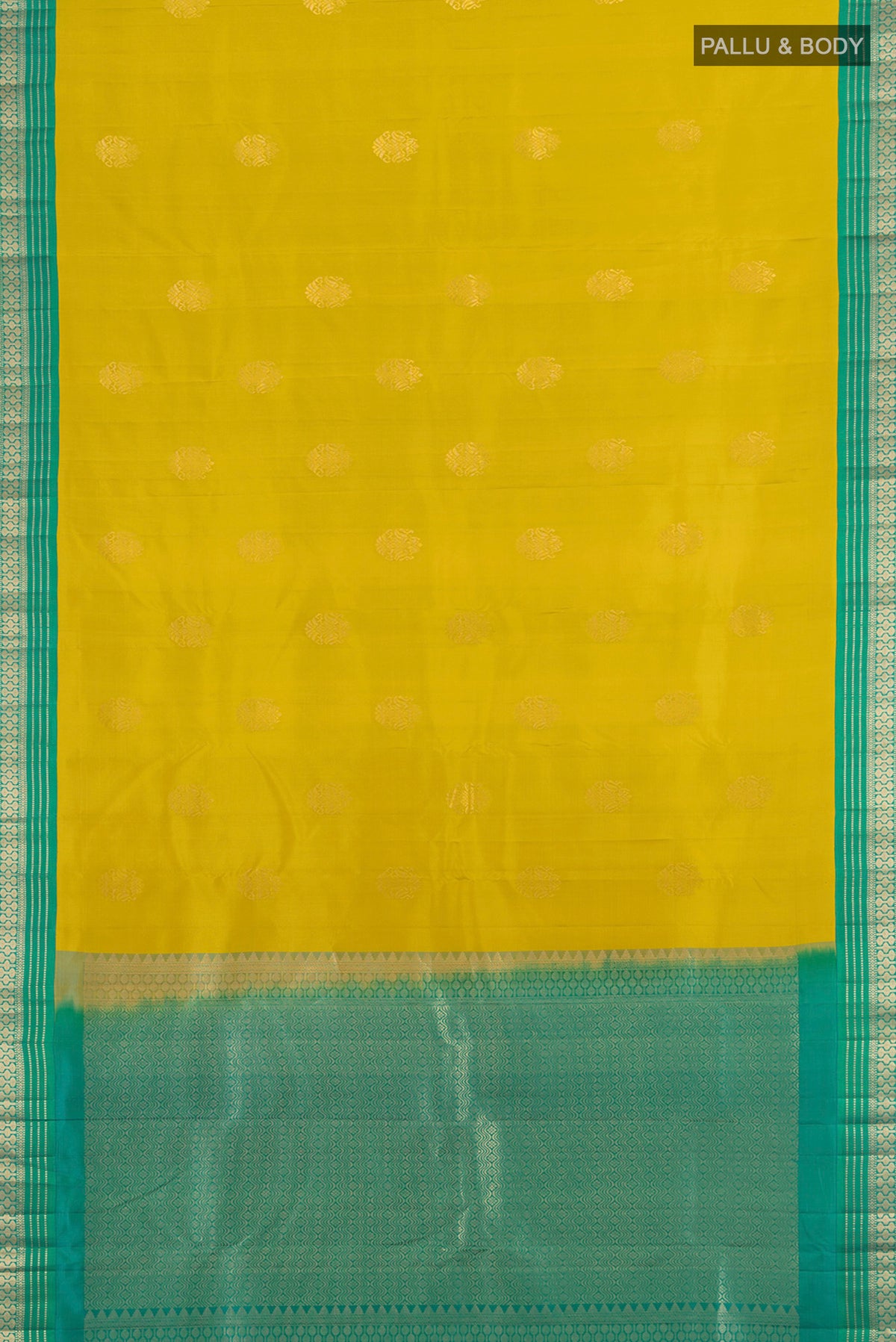 Flat view of Mehandi Green Kanchipuram Silk Saree with Zari Butta on the body and Zari Border. 