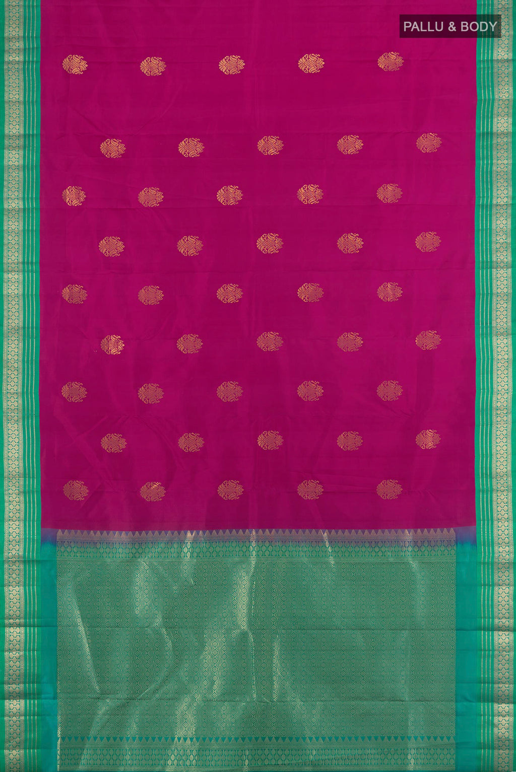 Flat view of Magenta Kanchipuram Silk Saree with Zari Butta on the body and Zari Border. 
