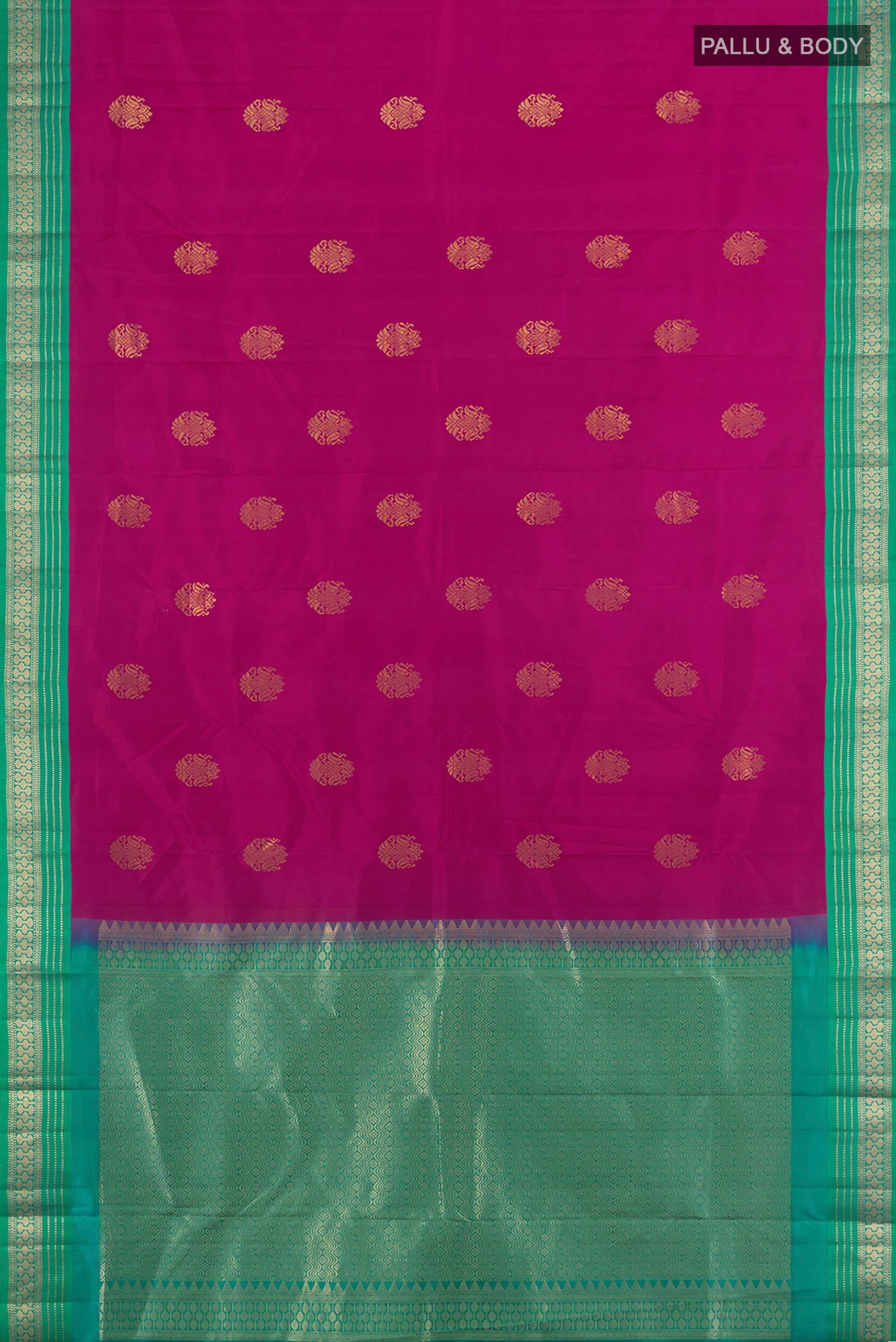 Flat view of Magenta Kanchipuram Silk Saree with Zari Butta on the body and Zari Border. 