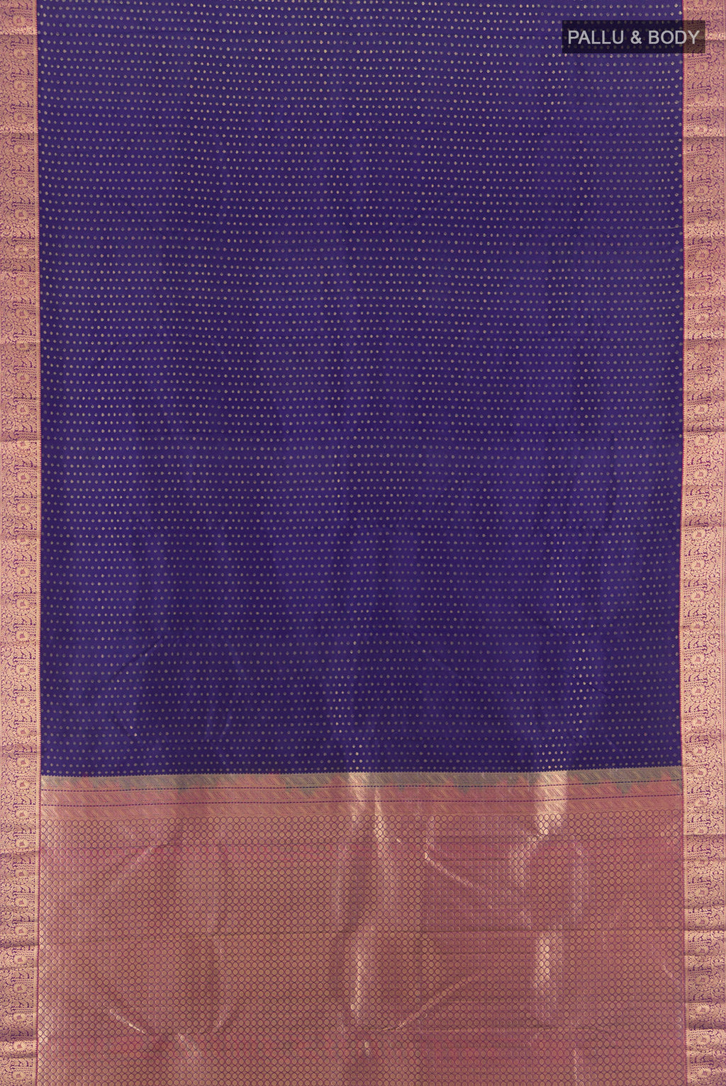 Flat view of Navy Blue Kanchipuram Silk Saree with Zari Butta on the body and Zari Border. 