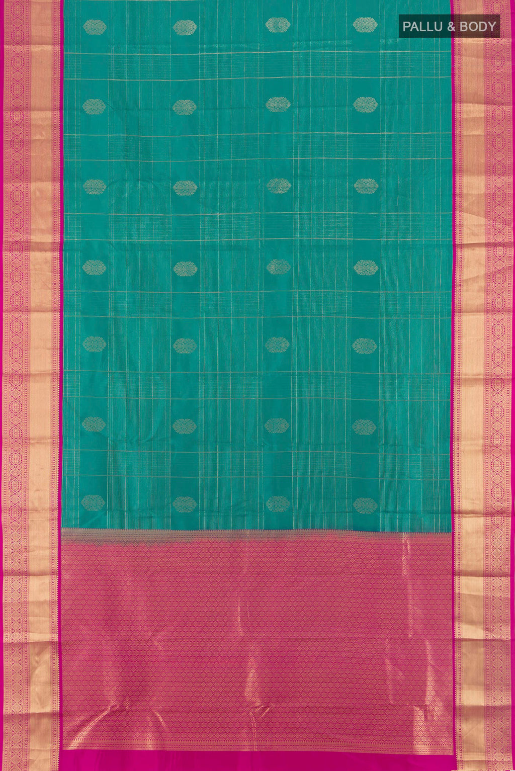 Flat view of Peacock Blue Kanjivaram Silk Saree with Checked design on the body and Zari Border. 