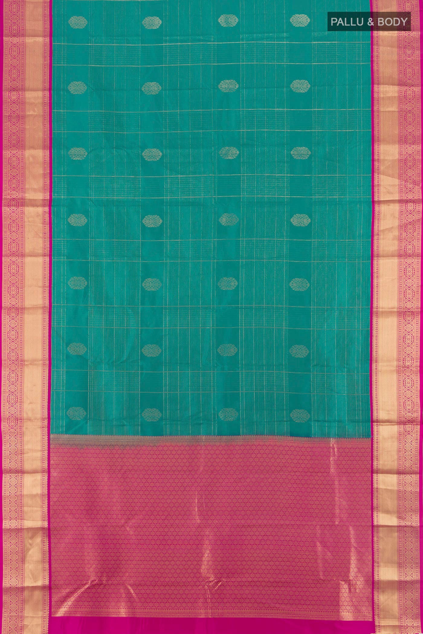Flat view of Peacock Blue Kanjivaram Silk Saree with Checked design on the body and Zari Border. 