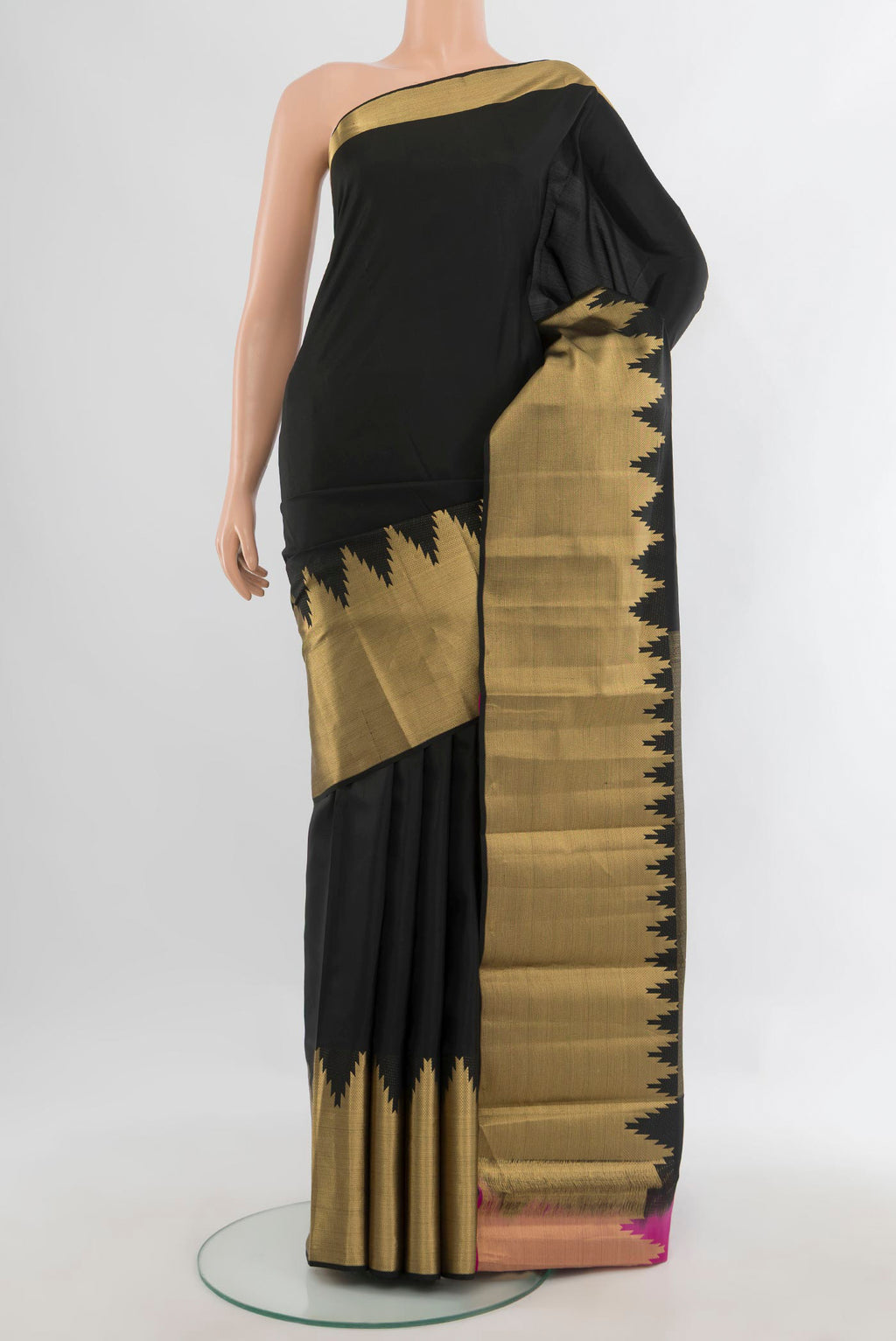 Pure Silk Black Kanchipuram Saree with Plain Body and Zari Border.  displayed on a mannequin