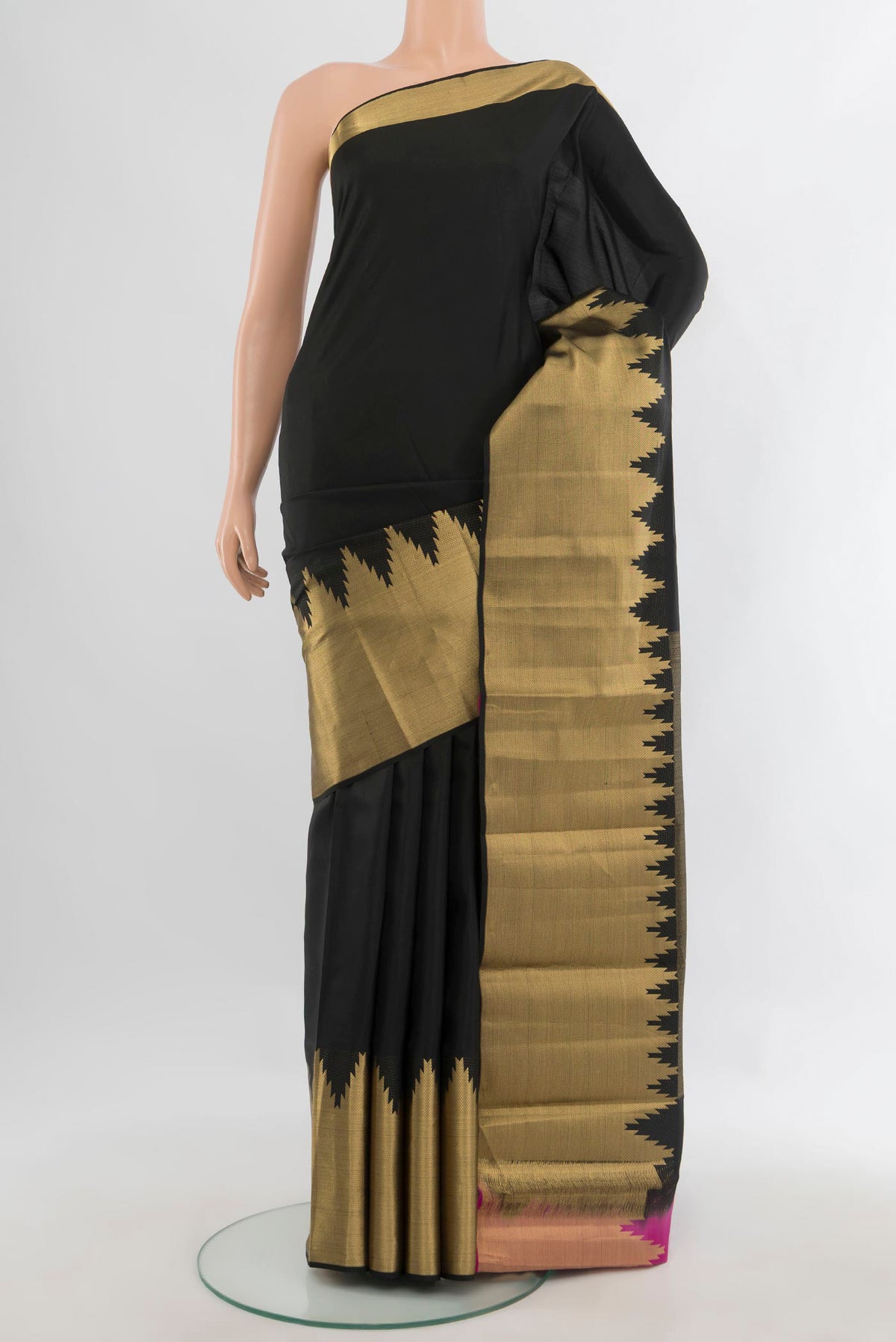 Pure Silk Black Kanchipuram Saree with Plain Body and Zari Border.  displayed on a mannequin