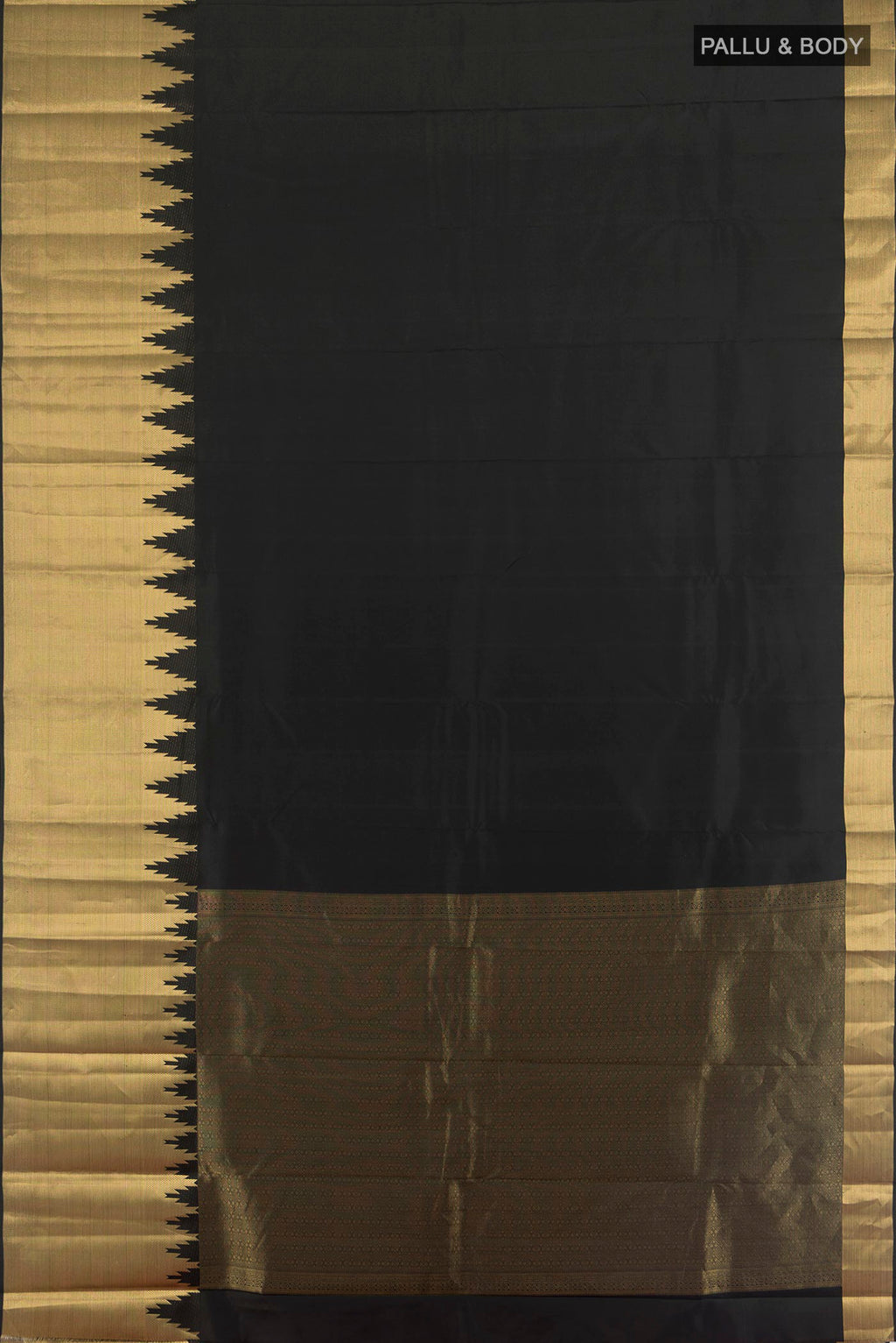 Flat view of Pure Silk Black Kanchipuram Saree with Plain Body and Zari Border. 