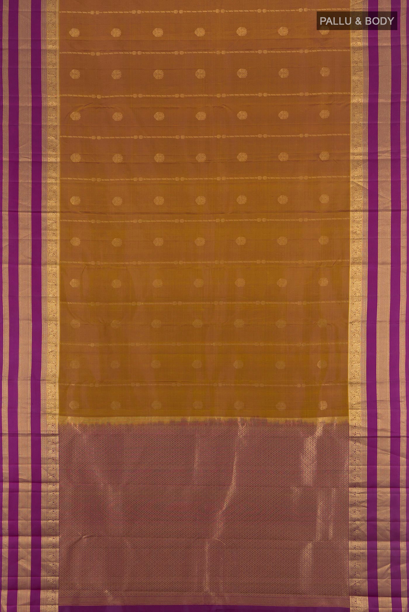 Flat view of Brown Kanchipuram Silk Saree with Zari Butta on the body and Zari Border. 