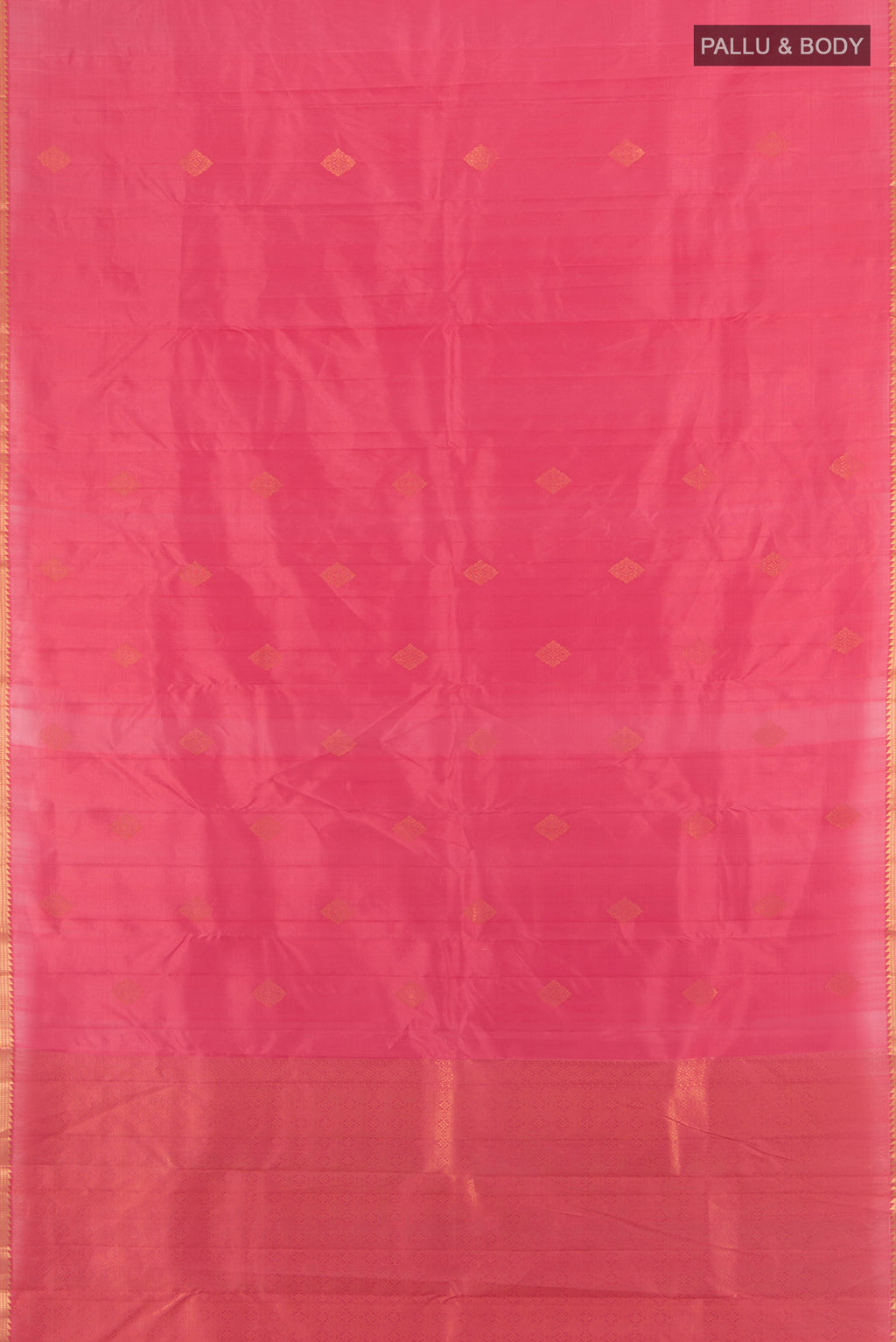 Flat view of Pink Kanjivaram Silk Saree with Zari Butta on the body and Zari Border. 