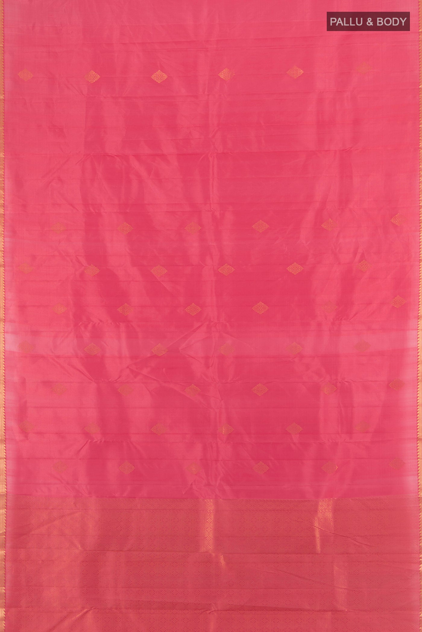 Flat view of Pink Kanjivaram Silk Saree with Zari Butta on the body and Zari Border. 