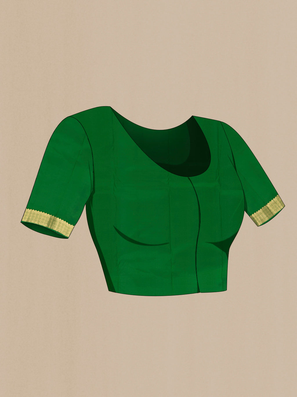 Close up image of the blouse of Green Kanjivaram Silk Saree with Zari Butta on the body and Zari Border. 