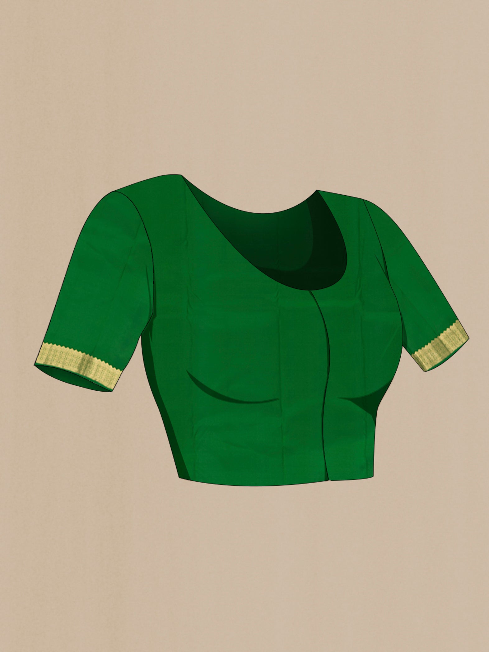 Close up image of the blouse of Green Kanjivaram Silk Saree with Zari Butta on the body and Zari Border. 