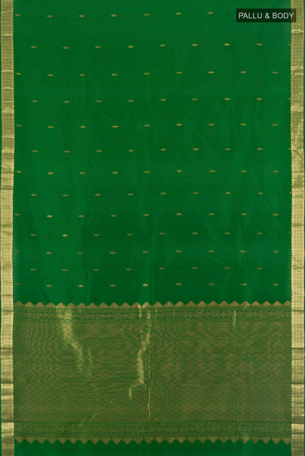 Flat view of Green Kanjivaram Silk Saree with Zari Butta on the body and Zari Border. 