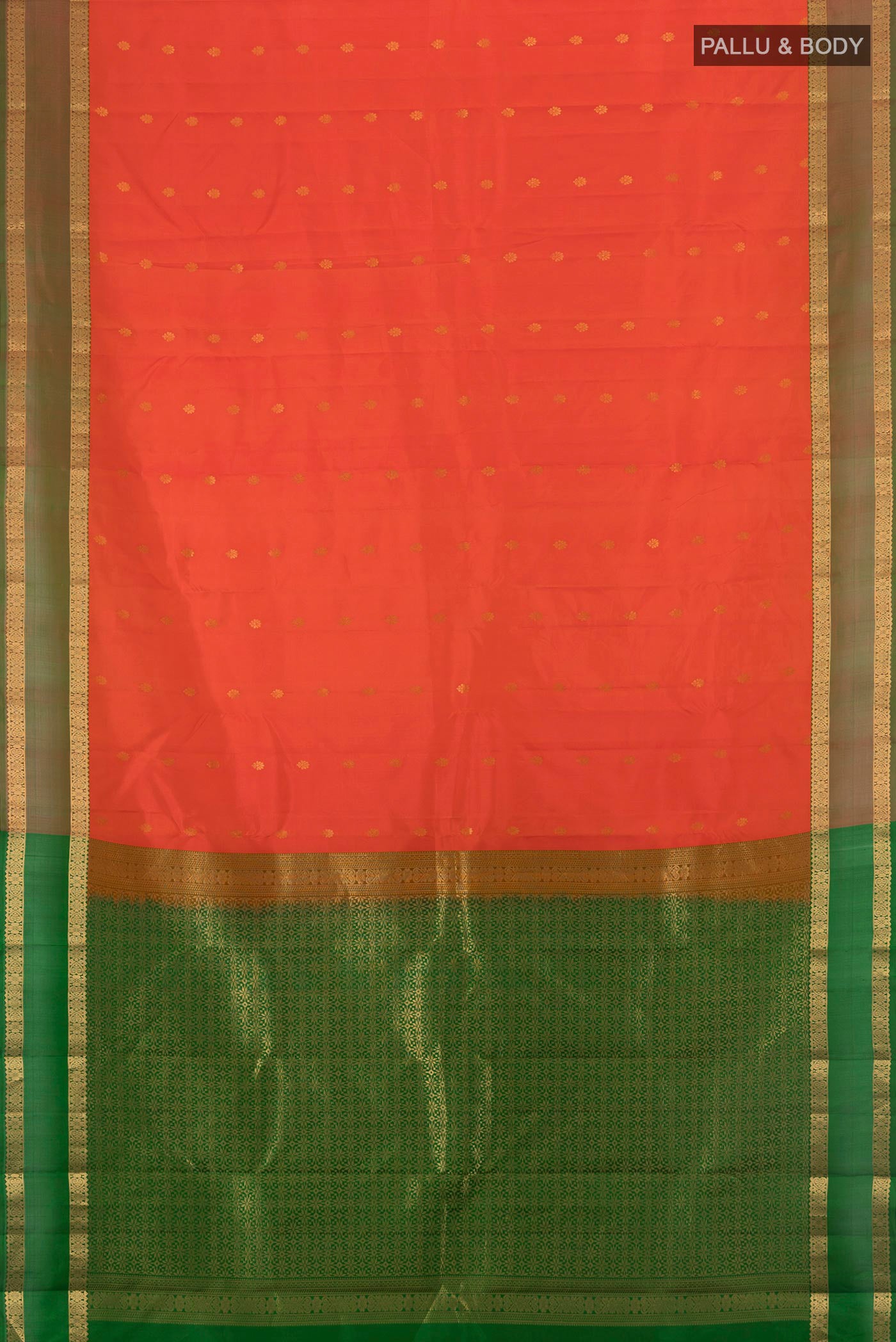 Flat view of Orange Kanjivaram Silk Saree with Zari Butta on the body and Zari Border. 