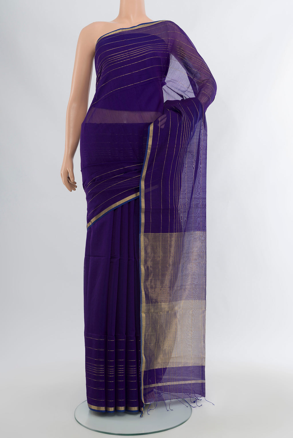 Royal Blue Maheshwari Silk Cotton Saree with Plain Body and Zari Border.  displayed on a mannequin
