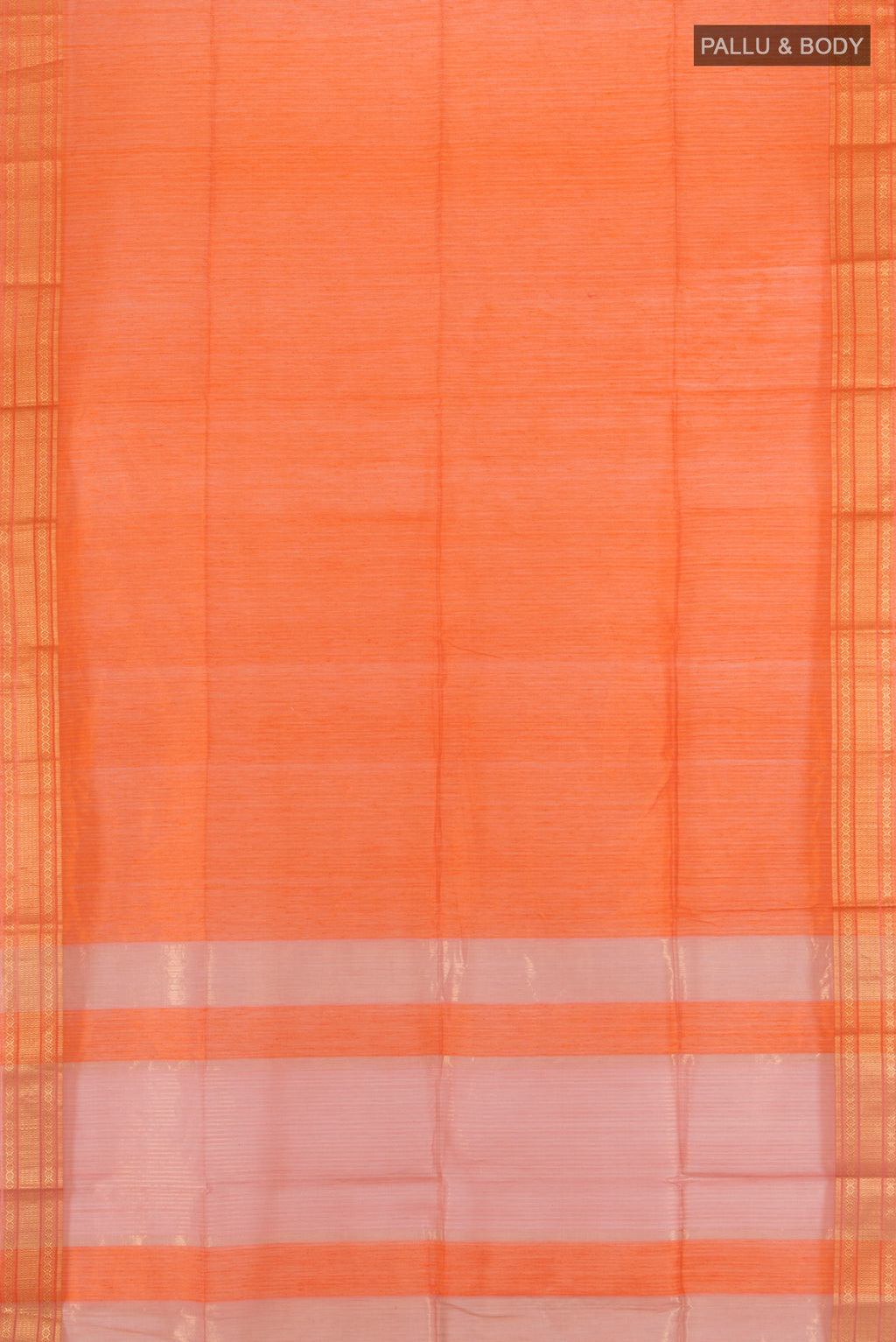 Flat view of Orange Maheshwari Silk Cotton Saree with Stripes on the body and Zari Border. 