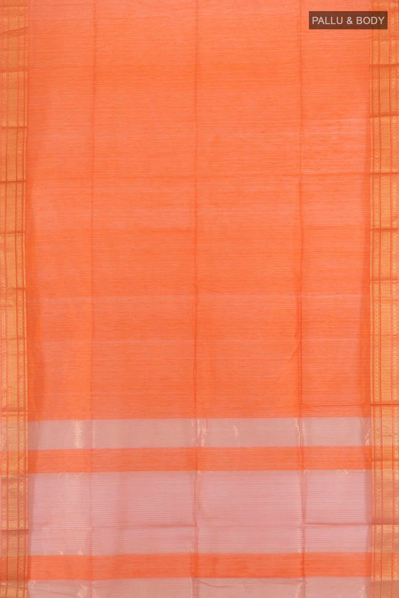 Flat view of Orange Maheshwari Silk Cotton Saree with Stripes on the body and Zari Border. 