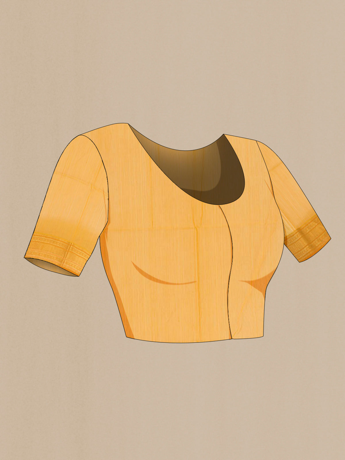 Close up image of the blouse of Mustard Maheshwari Cotton Saree with Stripes on the body and Zari Border. 