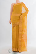 Mustard Maheshwari Cotton Saree with Stripes on the body and Zari Border.  displayed on a mannequin
