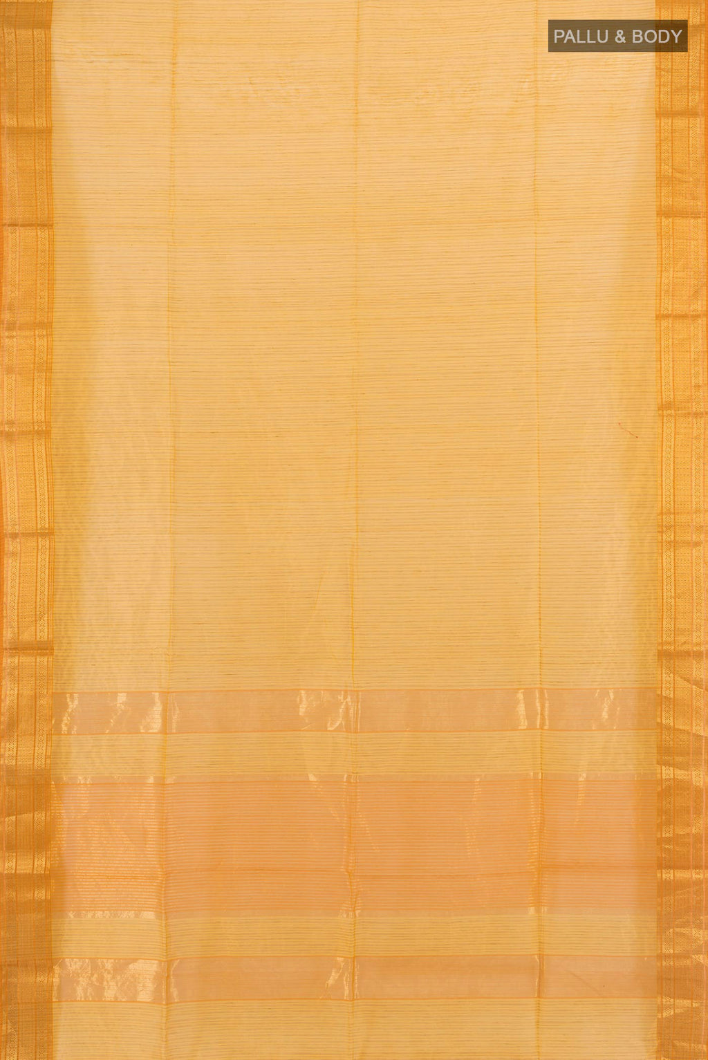 Flat view of Mustard Maheshwari Cotton Saree with Stripes on the body and Zari Border. 