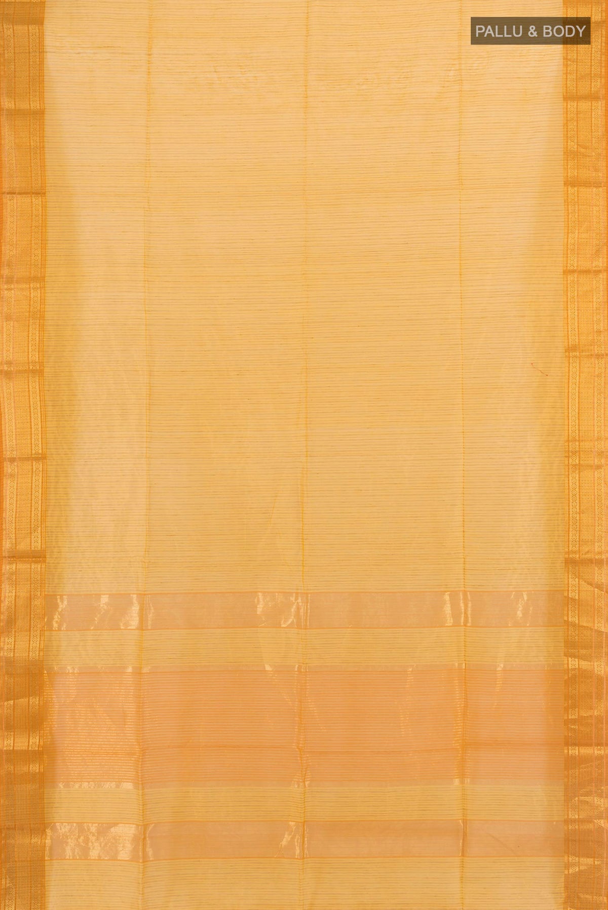 Flat view of Mustard Maheshwari Cotton Saree with Stripes on the body and Zari Border. 