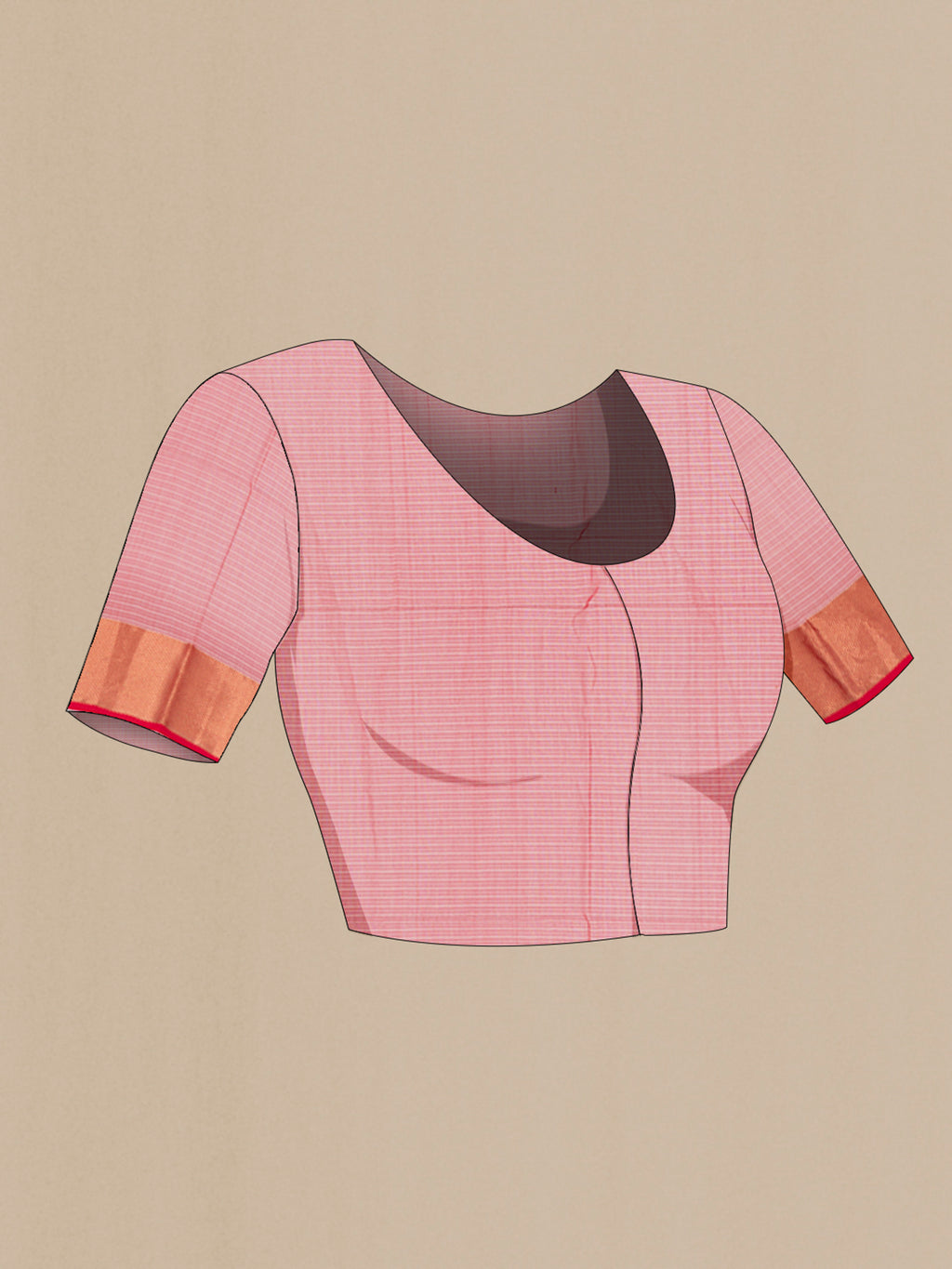 Close up image of the blouse of Peach Maheshwari Silk Cotton Saree with Stripes on the body and Zari Border. 