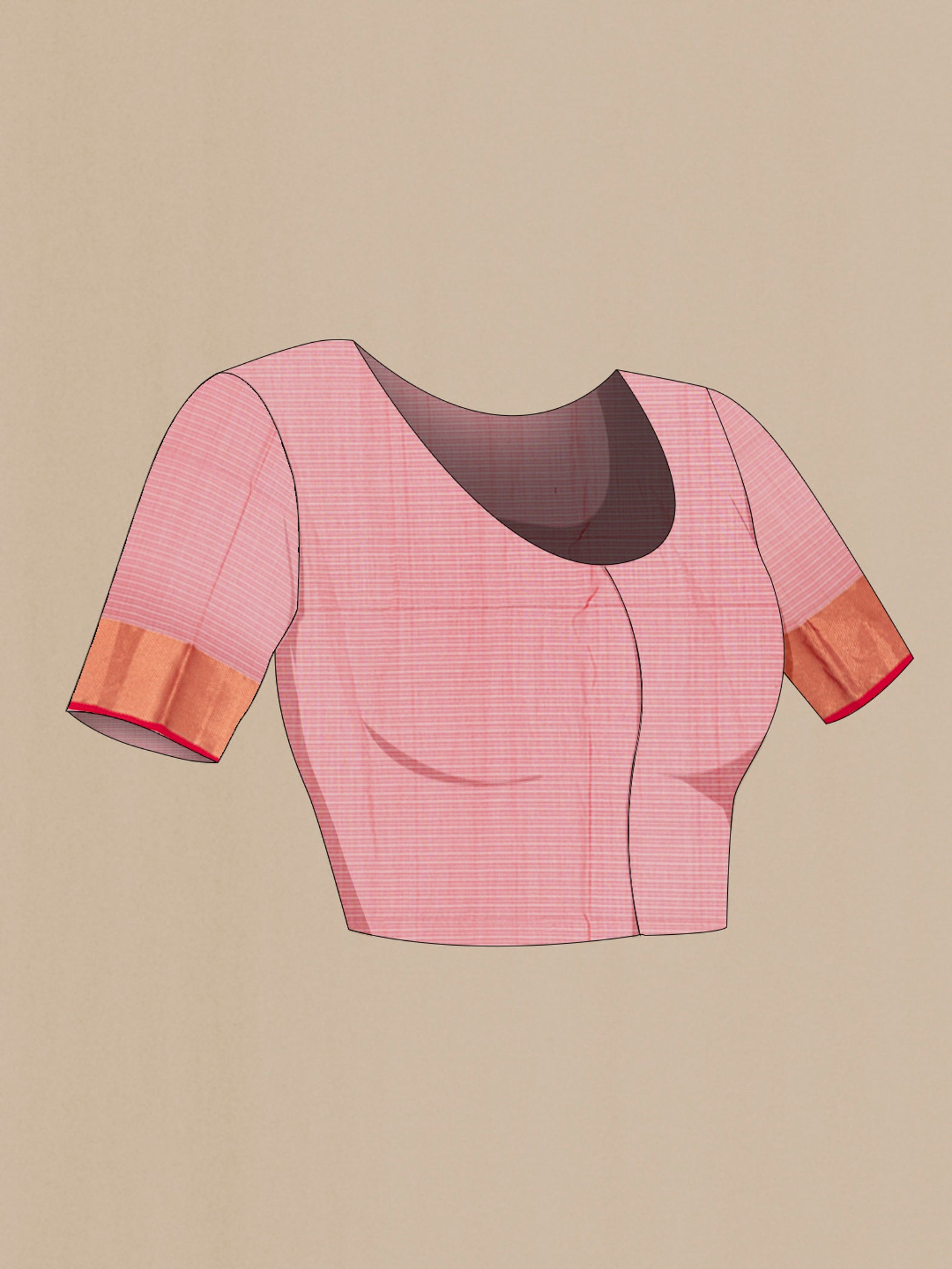 Close up image of the blouse of Peach Maheshwari Silk Cotton Saree with Stripes on the body and Zari Border. 