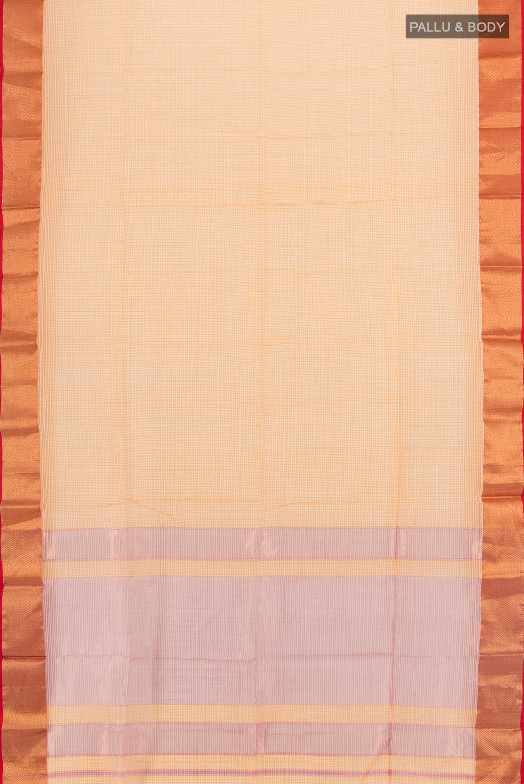 Flat view of Peach Maheshwari Silk Cotton Saree with Stripes on the body and Zari Border. 