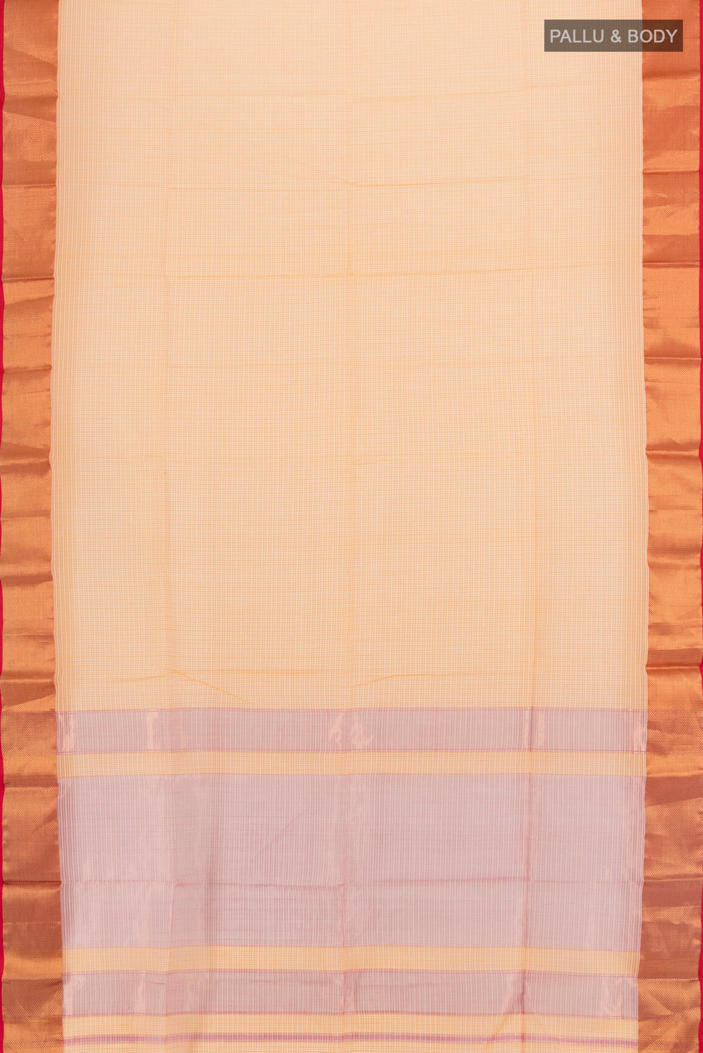 Flat view of Peach Maheshwari Silk Cotton Saree with Stripes on the body and Zari Border. 