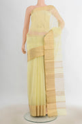 Lemon Yellow Maheshwari Cotton Saree with Stripes on the body and Zari Border.  displayed on a mannequin