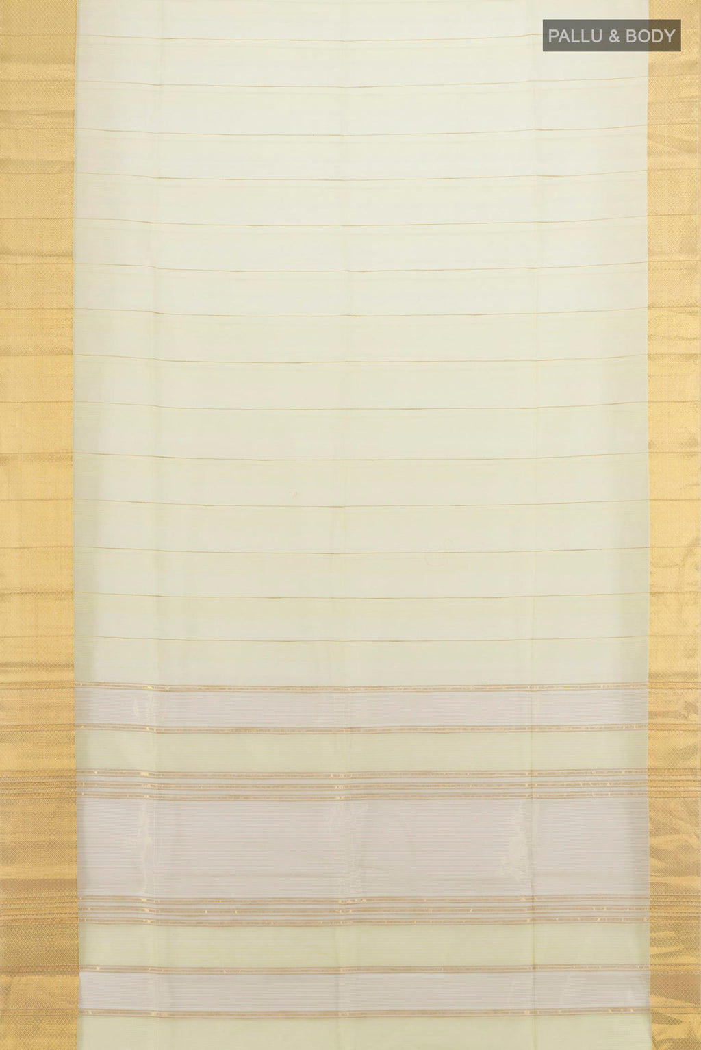 Flat view of Lemon Yellow Maheshwari Cotton Saree with Stripes on the body and Zari Border. 