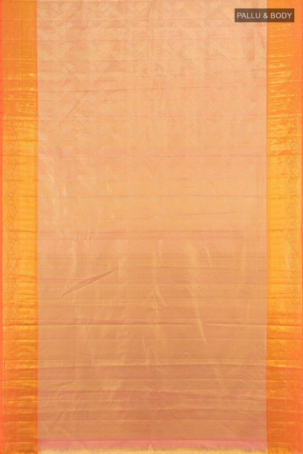 Flat view of Golden Peach Kanchipuram Tissue Silk Saree with Zari Brocade on the body and Zari Border. 