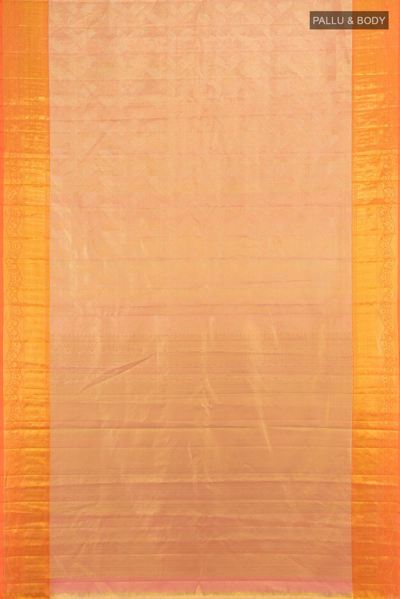 Flat view of Golden Peach Kanchipuram Tissue Silk Saree with Zari Brocade on the body and Zari Border. 